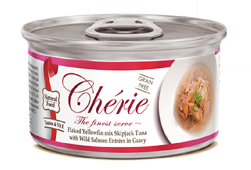 FLAKED YELLOW FIN MIX SKIPJACK TUNA WITH WILD SALMON ENTRÉES IN GRAVY
