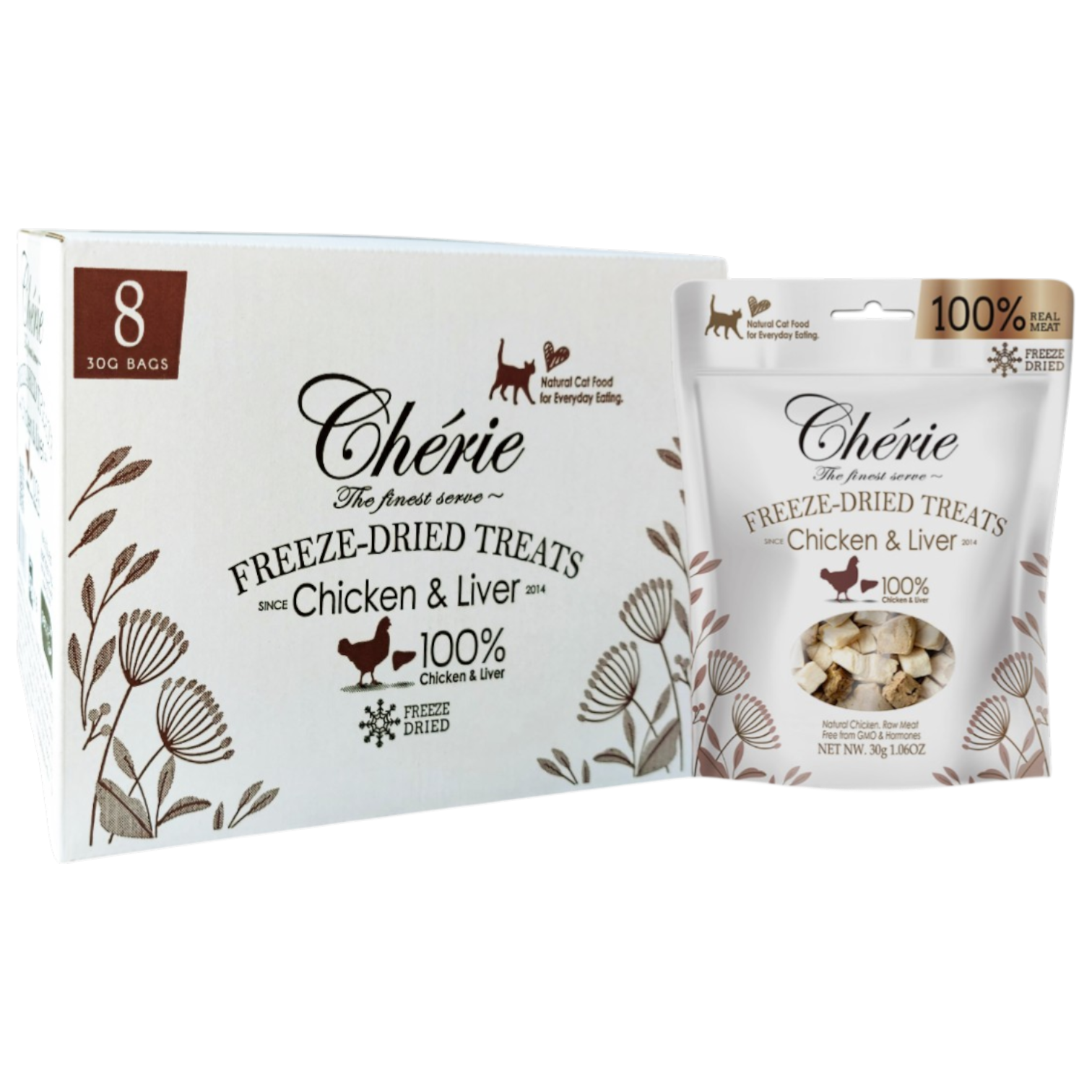 Cherie Freeze-Dried Treats For Cat Chicken & Liver 30g x 8pcs | شيري فريز-درايد تريتس فور كات تشيكن آند ليفر ٣٠غ × ٨ بييسز