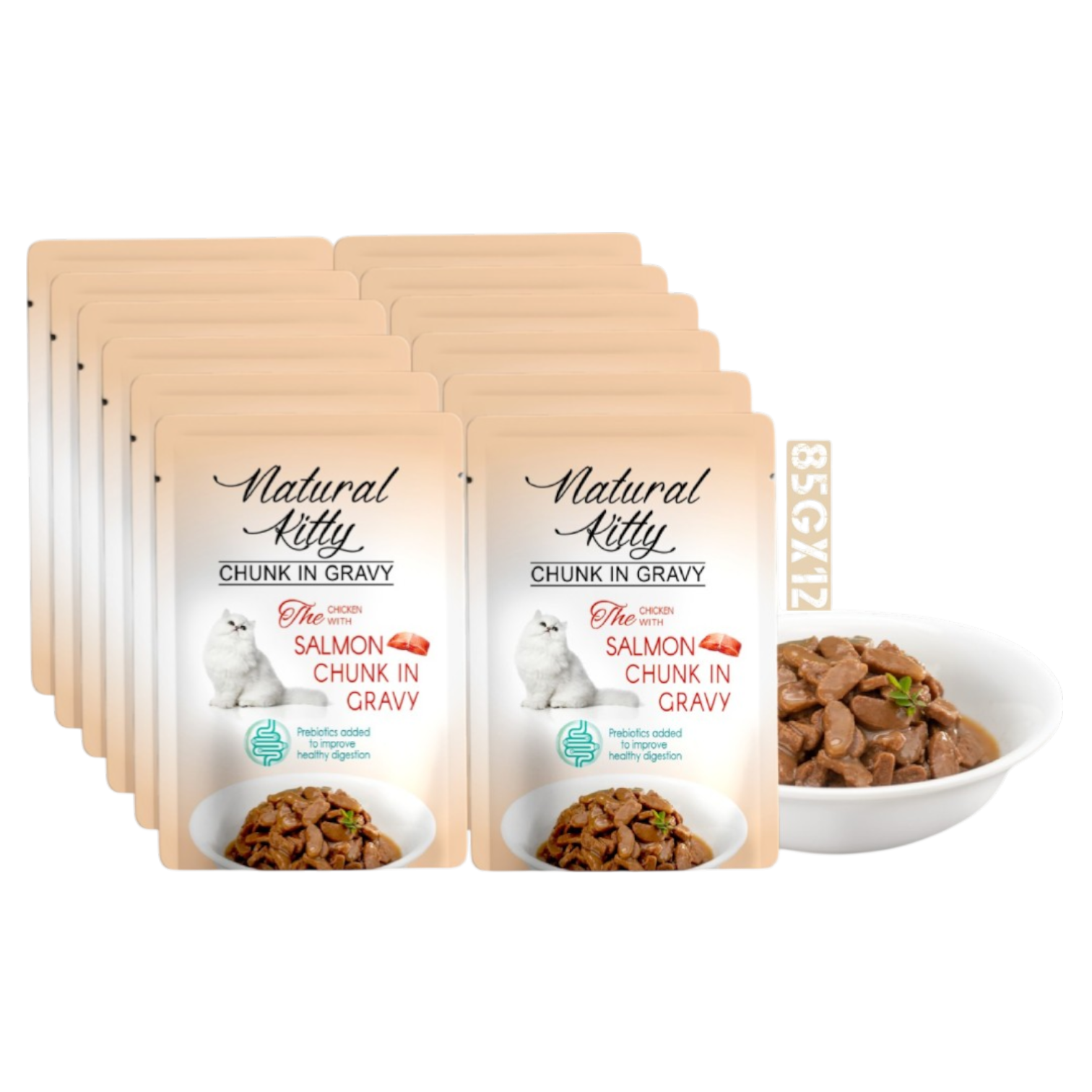 Natural Kitty Chicken With Salmon Chunk In Gravy In Pouch 85Gx12 (Full Box) | ناتشورال كيتي تشيكن ويذ سالمون تشنك إن جريفي إن باوتش ٨٥غ × ١٢ (فل بوكس)