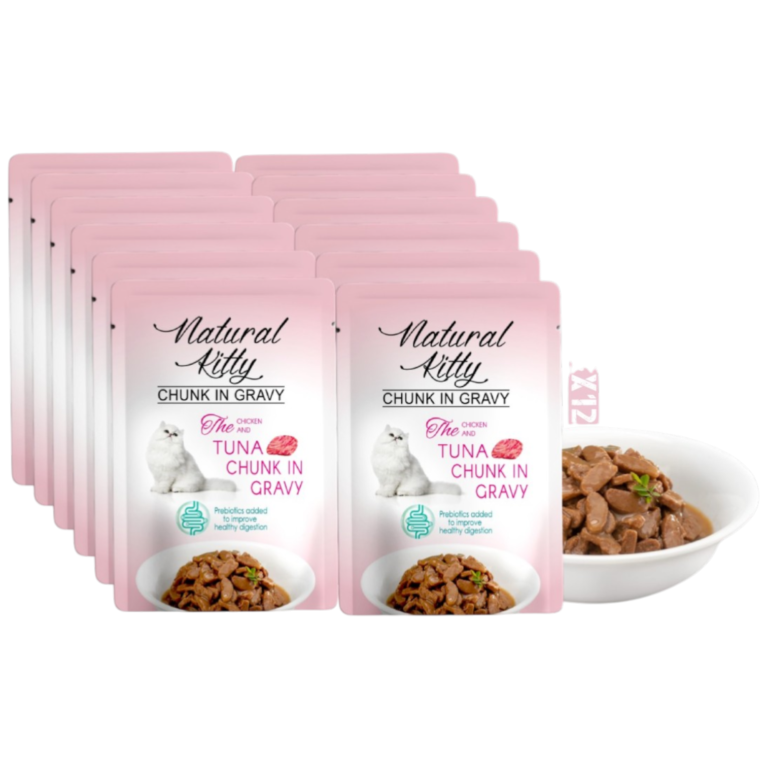 Natural Kitty Chicken & Tuna Chunk In Gravy In Pouch 85Gx12 (Full Box) | ناتشورال كيتي تشيكن آند تونا تشنك إن جريفي إن باوتش ٨٥غ × ١٢ (فل بوكس)