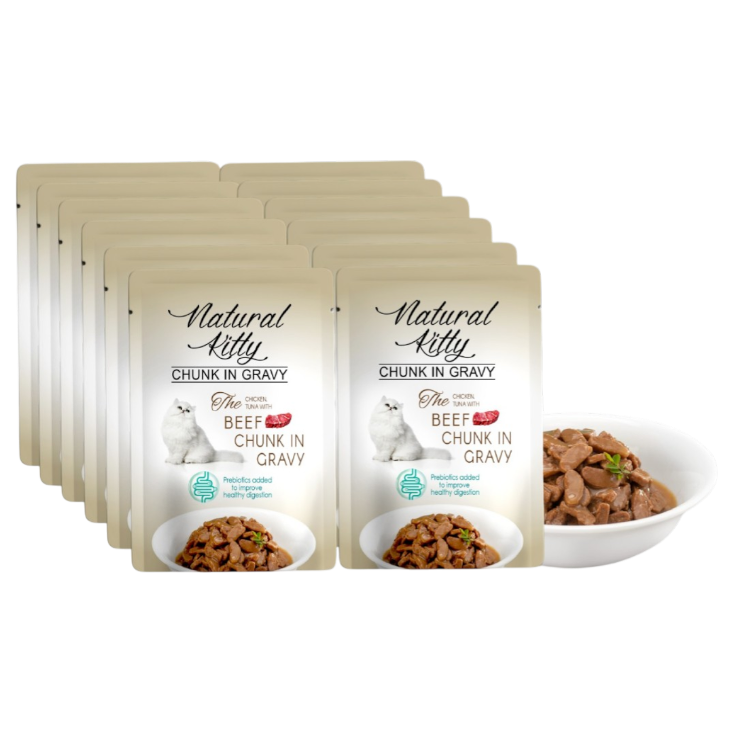 Natural Kitty Chicken, Tuna With Beef Chunk In Gravy In Pouch 85Gx12 (Full Box) | ناتشورال كيتي تشيكن، تونا ويذ بيف تشنك إن جريفي إن باوتش ٨٥غ × ١٢ (فل بوكس)
