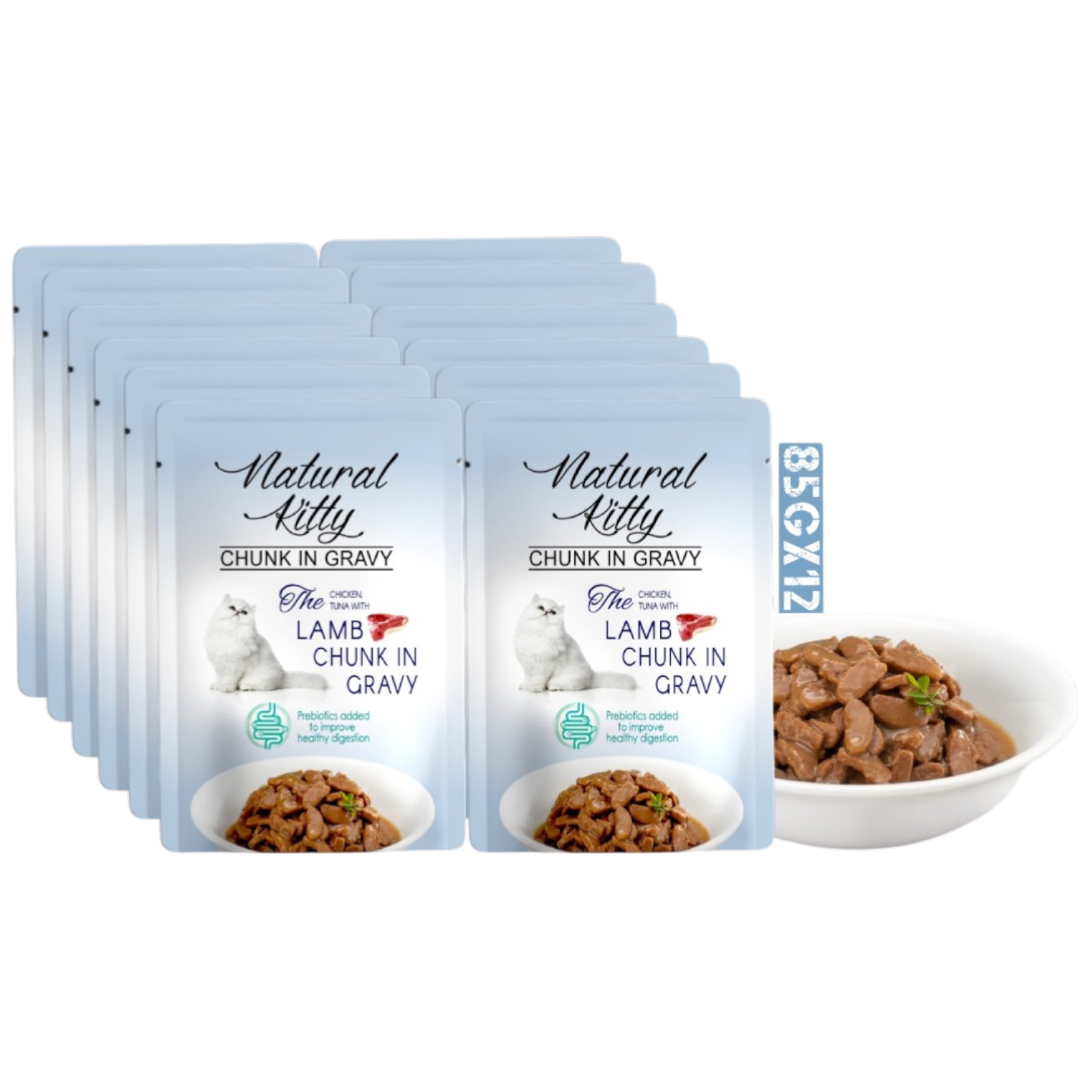 Natural Kitty Chicken, Tuna With Lamb Chunk In Gravy In Pouch 85Gx12 (Full Box) | ناتشورال كيتي تشيكن، تونا ويذ لامب تشنك إن جريفي إن باوتش ٨٥غ × ١٢ (فل بوكس)