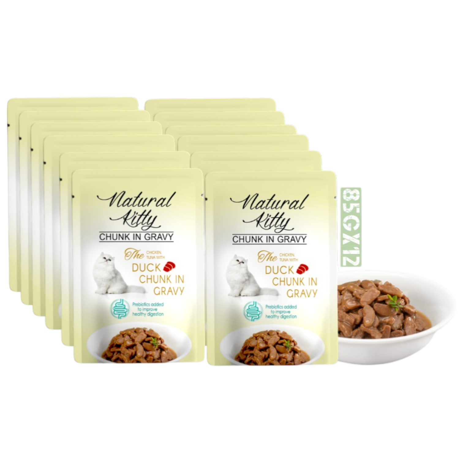 Natural Kitty Chicken, Tuna With Duck Chunk In Gravy In Pouch 85Gx12 (Full Box) | ناتشورال كيتي تشيكن، تونا ويذ داك تشنك إن جريفي إن باوتش ٨٥غ × ١٢ (فل بوكس)